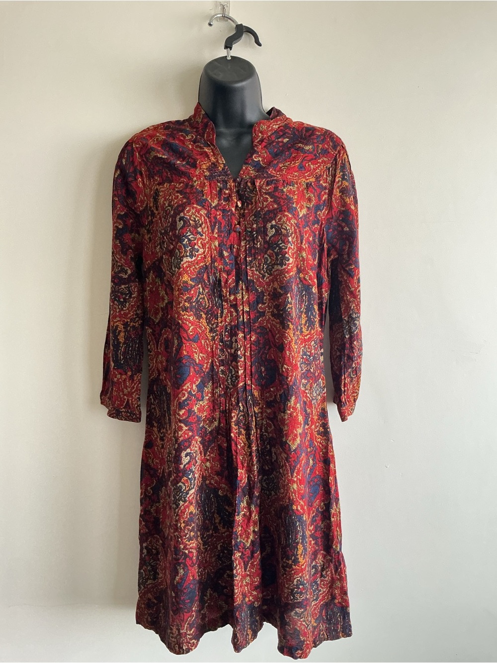 Lucky Brand Boho Floral Paisley Peasant Tunic Mini Dress 3/4 Sleeve